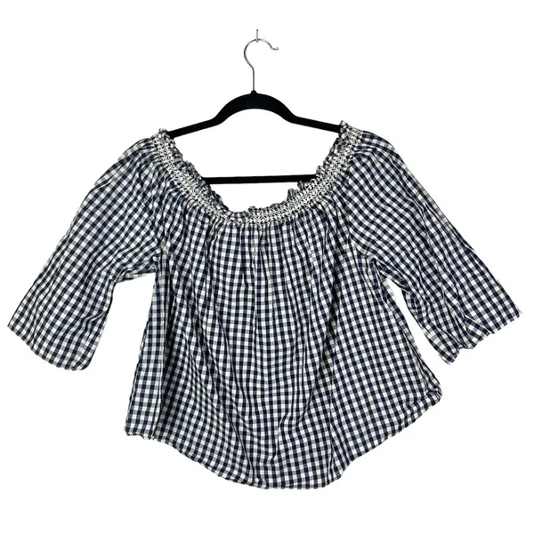 Madewell Smocked Blue & White Gingham Plaid Off The Shoulder Long Sleeve‎ L - Image 3