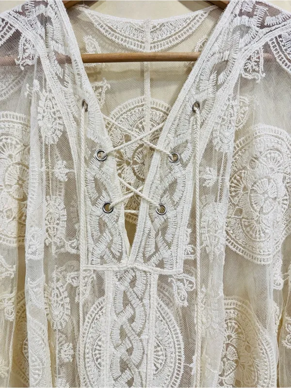 Cream Lace Crochet Kimono Cover Up Beach Swim Tassel Tie Sheer Embroidered OS - Image 3