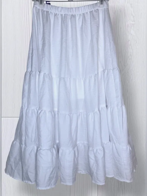 OLIVE & CO. White Tiered Boho Cottagecore Midi Skirt | High Elastic Waist - Image 4