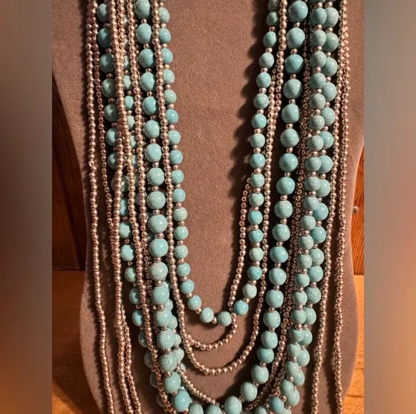 Multi Strand Beaded Statement Necklace Blue - Image 2