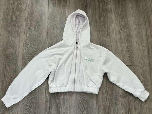 White Cotton Graphic Print Full Zip Hoodie Sweatshirt Size Medium - Image 5