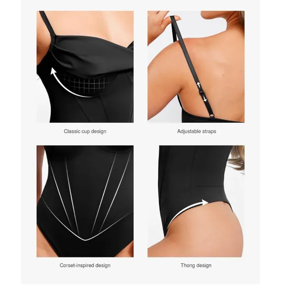 NWT Popilush Black Corset Cowl Neck Thong Bodysuit Shapewear –‎ Small - Image 3