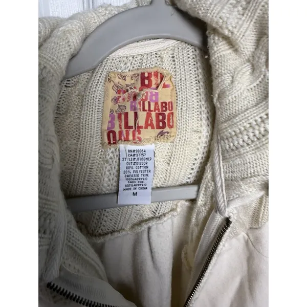 VTG Billabong Women's Y2K Zip Up Hoodie Faux Fur Lined Hood Cable Knit Medium - Image 6