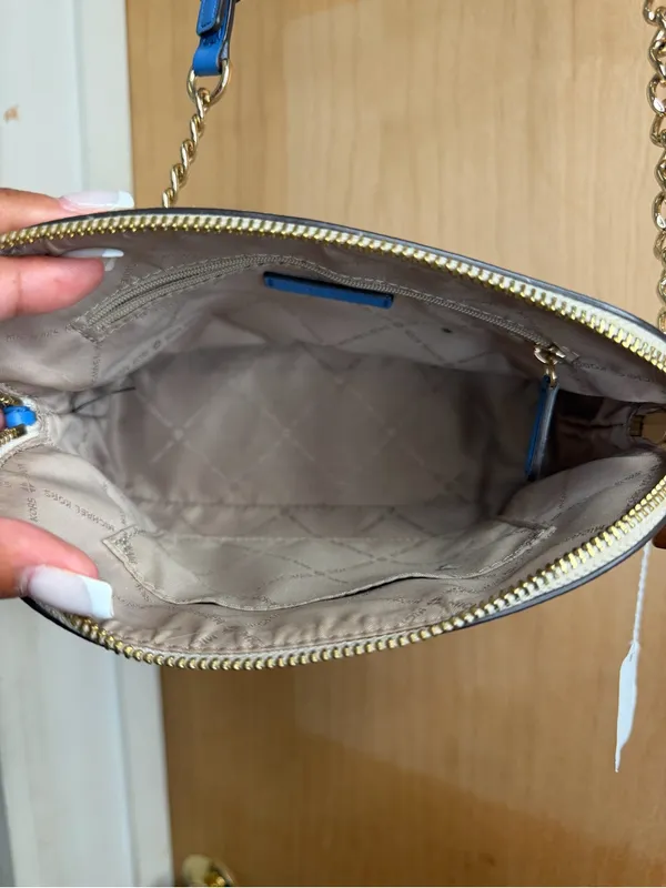 Michael Kors Blue Stripe MK Logo Crossbody Bag Gold Chain Strap - Image 6