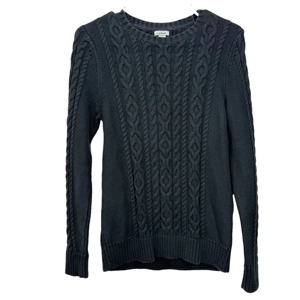 LL Bean Black Double L Mixed Cable Cotton Crew Neck Pullover Sweater Size SMALL - Image 3