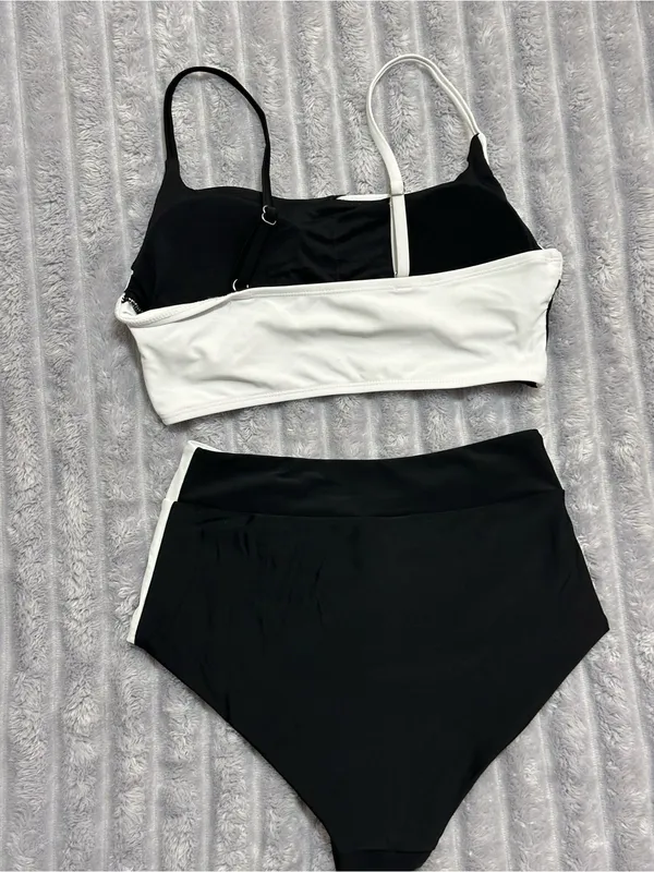 Black & White Colorblock High-Waist Bikini Set - Women Swim - Image 2