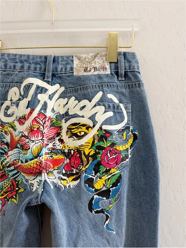 Ed Hardy Y2K Tattoo Snake Painted Tiger Koi Fish Oversized Wide Leg Jeans Sz 26 - Image 6