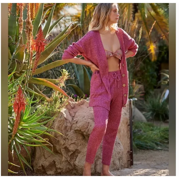 Free People FP Beach Pink Knit Lounge Set Cardigan & Pants XS - Image 2
