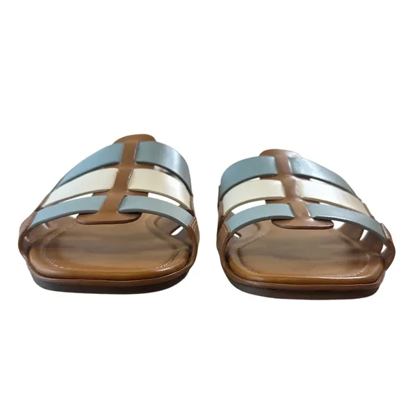 Tory Burch Ines Multi Strap Slides‎ Tan Blue White Leather Sandals 11 - Image 2
