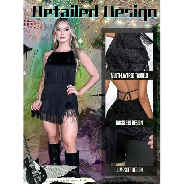 NWT Ella Lust Black Fringe Halter‎ Backless Mini Dress Jumpsuit - Small - Image 3