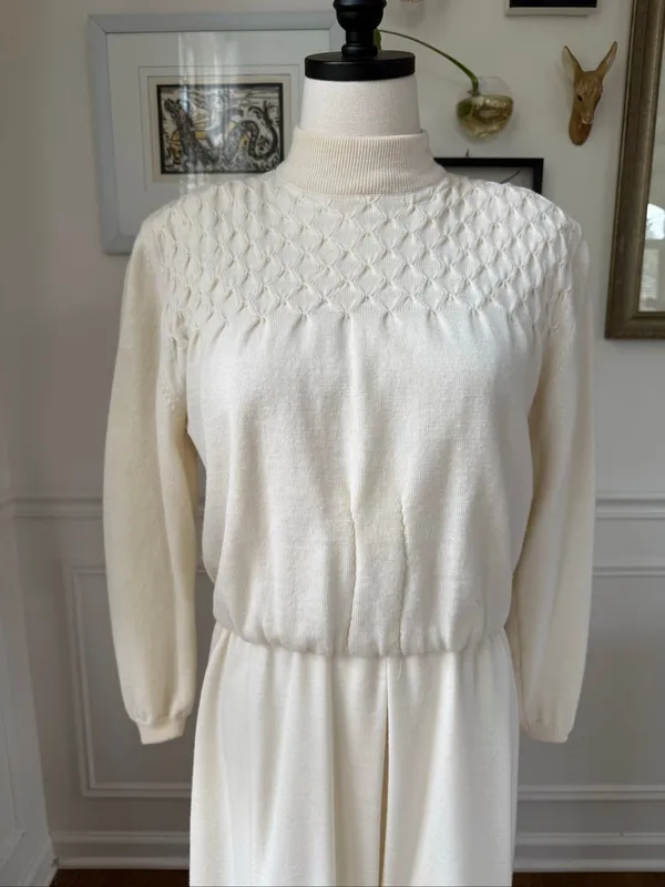 Vintage 80s Ciao Petites 100% Wool Knit Ivory Blouson Dress M - Image 2
