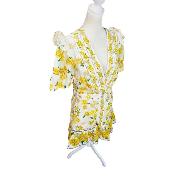 FARM Rio Azaleia Mini Dress M Yellow Floral Cotton Puff Sleeve V-Neck Missing Be - Image 5