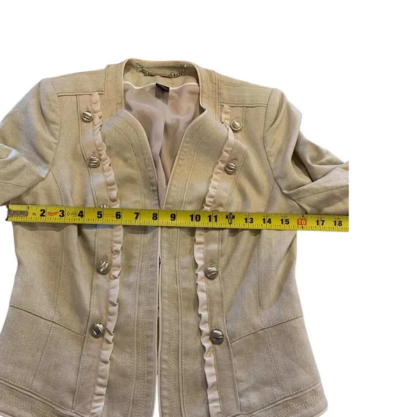 White House Black Market Metallic Ruffle Military Jacket Tan‎ Beige Utility 4 - Image 9