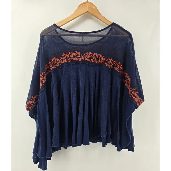 Free‎ People Poncho Top Womens S OB725011 Navy Blue Embroidered Mesh EUC - Image 2