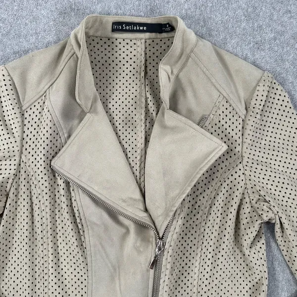 Iris Setlakwe Perforated Suede Moto Jacket Zip Up Women's 8 Beige Long Sleeve - Image 3