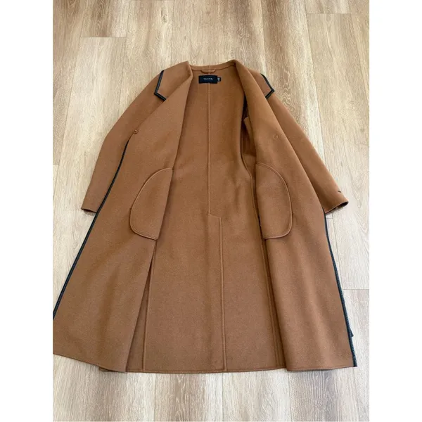 Tahari Wool Blend Faux Leather Trim Belted Coat Caramel Size Medium - Image 11