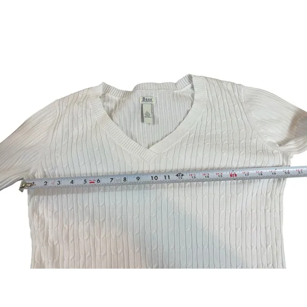 Bass Womens White Cable Knit V Neck Sweater Size L 100% Cotton Classic Preppy - Image 8