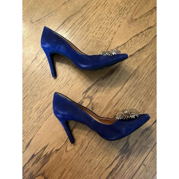 Anthropology Lien Do Blue Suede Pointed Toe Stiletto Pump Pom Pom Slip On US 7 - Image 7