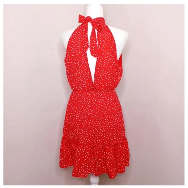 BTFBM Women's Red Polka Dot Halter Dress Size Small Boho Ruffle Summer Mini Cute - Image 4