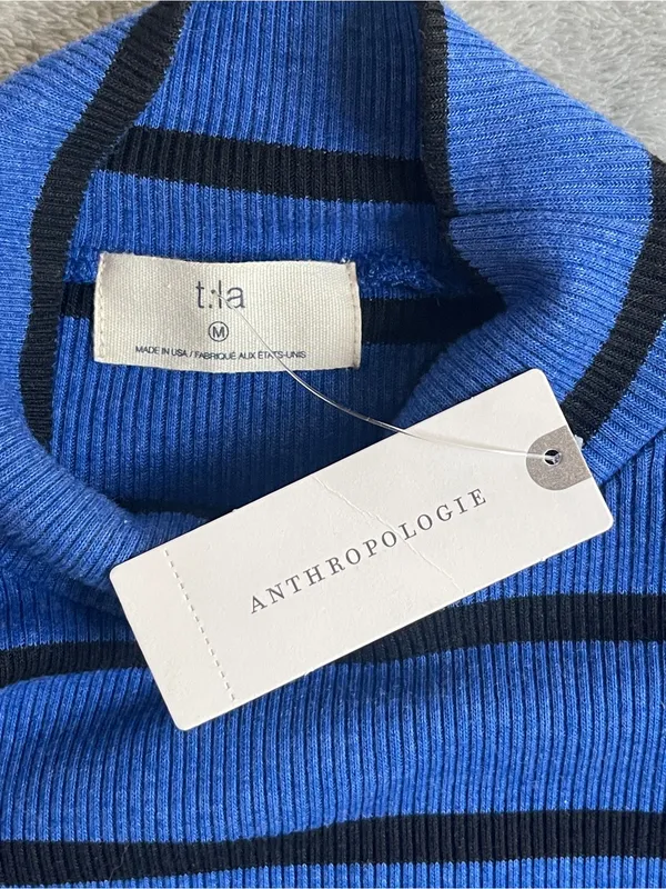NWT Anthropologie T. La Ruffled turtleneck Top blue black minimalist fall chic M - Image 8