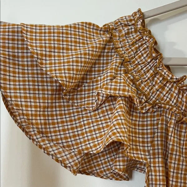Easel Checkered Ruffle Sleeve Blouse - Tan - Image 4