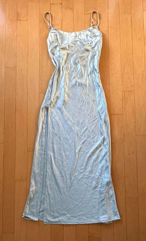 Princess Polly Jazelle baby blue satin dress with cut out back and slit - Image 3
