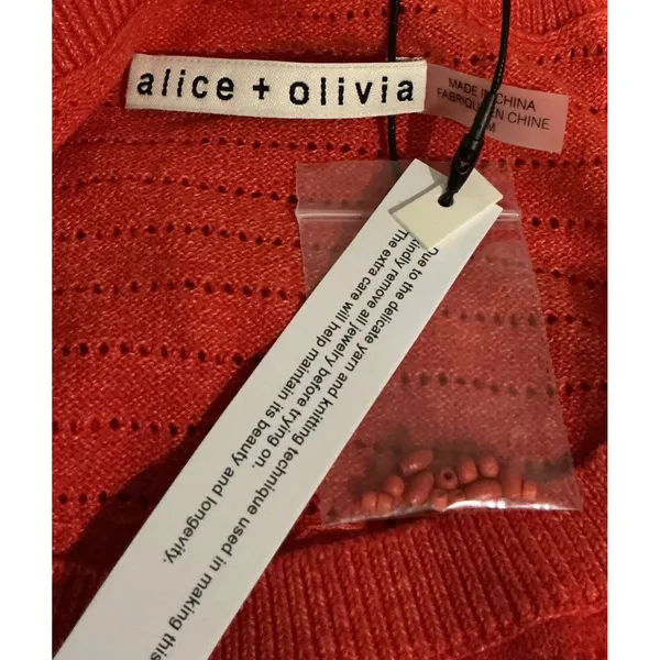 Alice + Olivia NWT Beaded Pointelle Linen Cotton Cropped Sweater Top Orange - Image 3