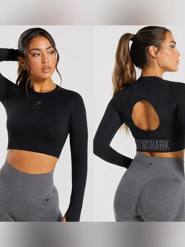 Gymshark Flex Contour‎ Black Long Sleeve Crop Athletic Top - Image 2