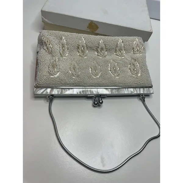 Handmade Vintage Ivory white All Beaded Top Handle Bag With Mother Of Pearl Detailing - Image 9