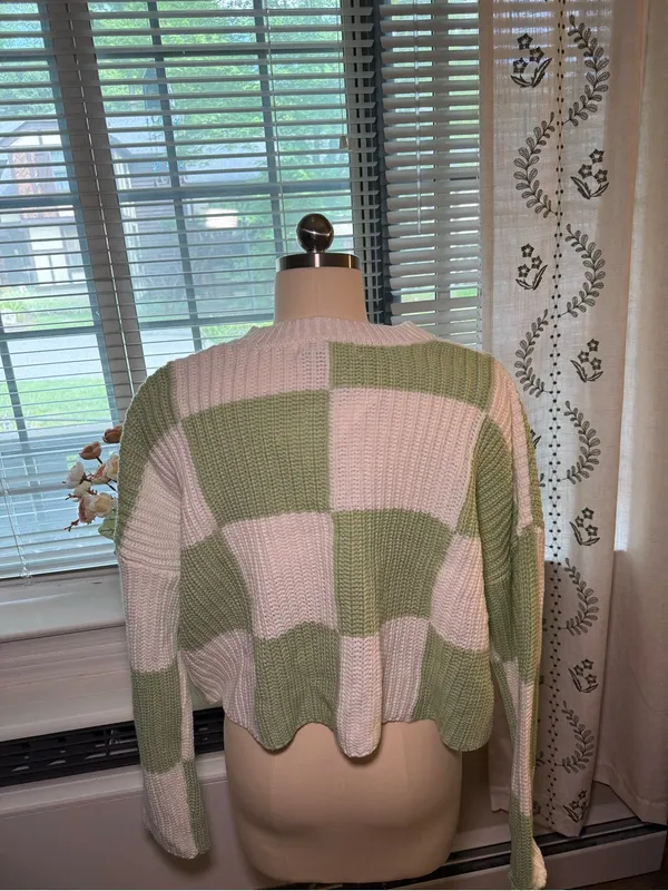 Moon and Madison Cream & Light Green Checker Knit Sweater - Women - Image 2