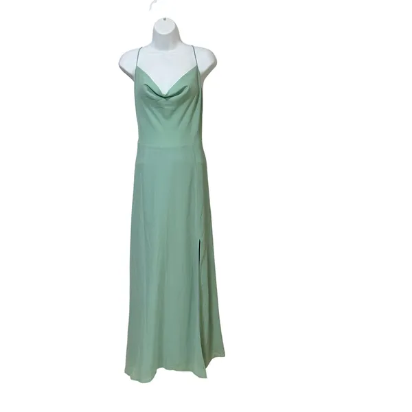 RIHOAS Sage Green Cowl Neck Lace-Up Maxi Dress Women Large Formal Slit Gown - Image 3
