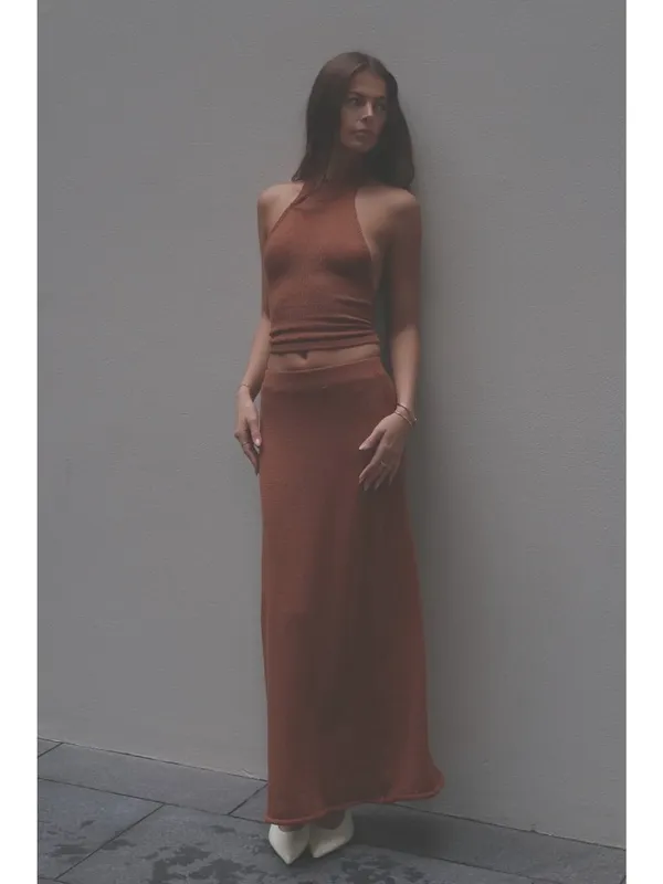 SNDYS Cali Maxi Skirt in Chocolate Brown X-Small New Womens Knit Bottoms - Image 12