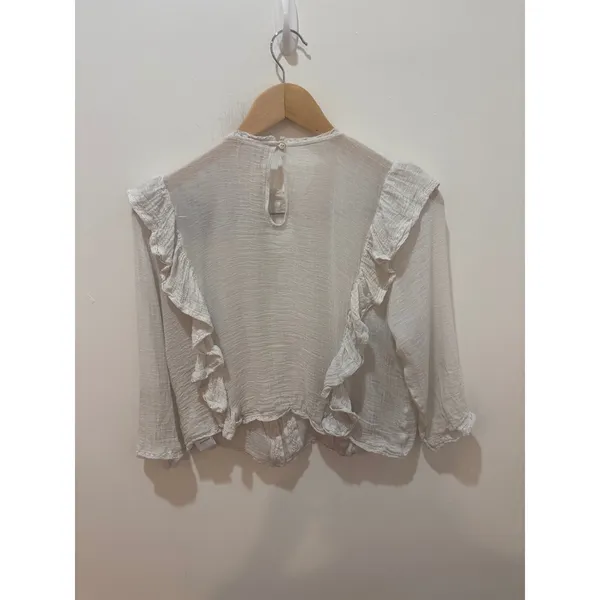Free People Ivory Ruffle Lace‎ Gauze Blouse High Neck Boho Top Small - Image 3
