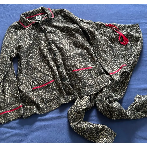 Anne Klein Womens Leopard Print Fleece Pajama Set Large Brown Red Trim L 14-16 - Image 5