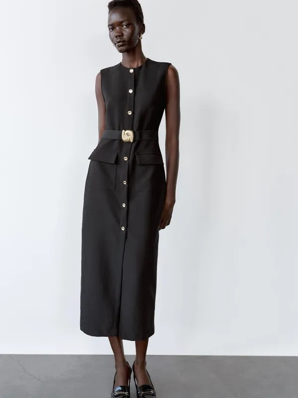 Zara Black Sleeveless Maxi Dress with Gold Buckle - Image 3