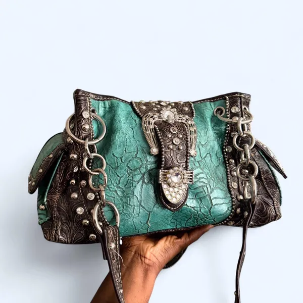 Y2K 2000s Western Mcbling Bimbo Goth Leather Rhinestone Large Buckle Hand Shoulder Bag Purse Preppy bedazzled silver stud blue turquoise brown #cowgirl #whimsygoth #grunge #punk #stagecoach festival Measurement in pics Some distressing see pics - Image 2