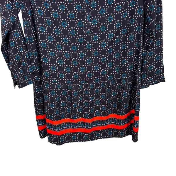 Loft Petite Navy Blue Medallion Print Shift Dress Coral Border SP Long‎ Sleeve - Image 5