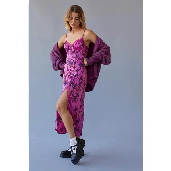 Urban Outfitters Audrey Magenta Pink Floral Lace Trim Midi‎ Slip Dress XS - Image 9