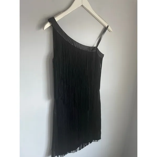 Vintage Y2K‎ Aqua Dress One Shoulder Black Fringe Cocktail Party 20s size 4 - Image 2