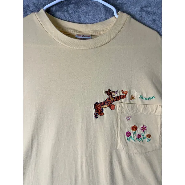 Vintage‎ Disney Tigger Pocket Tee Embroidered Butterflies Flowers Yellow Large - Image 2