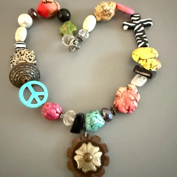 BOHO Statement Natural Gemstone Cross Turquoise Jasper Howlite Necklace - Image 2