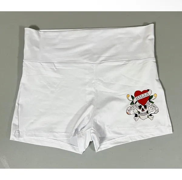 Ed Hardy White ‘Love Kills Slowly’ Skull Graphic Y2K Fold Over Shorts Bottoms Size S 🌹✨ - Image 2