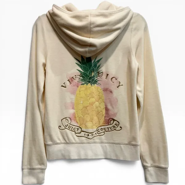 Juicy Couture‎ Y2K Cream Velour Zip Hoodie Pineapple Graphic Gold J Zip Medium - Image 2
