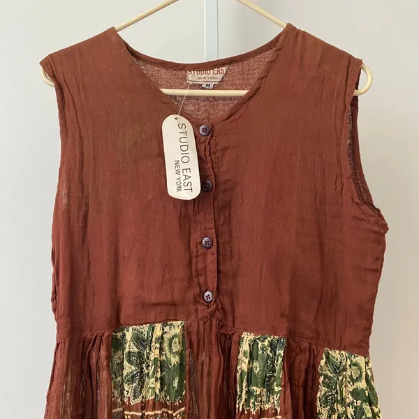 Studio East Cotton Boho Relaxed Prairie Peasant Sleeveless Brown Dress M - Image 2