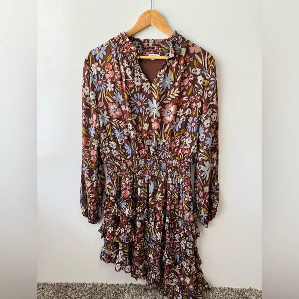 BTFL LIFE Brown Floral Asymmetrical Ruffled Dress‎ Size Large - Image 3