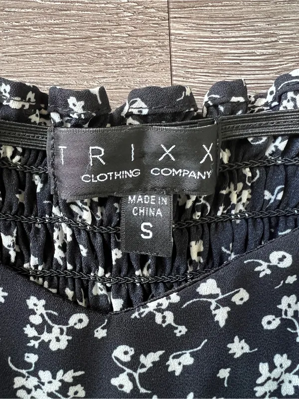 TRIXXI Black Floral Wide Leg Jumpsuit Puff Sleeve Smocked Back S - Image 5