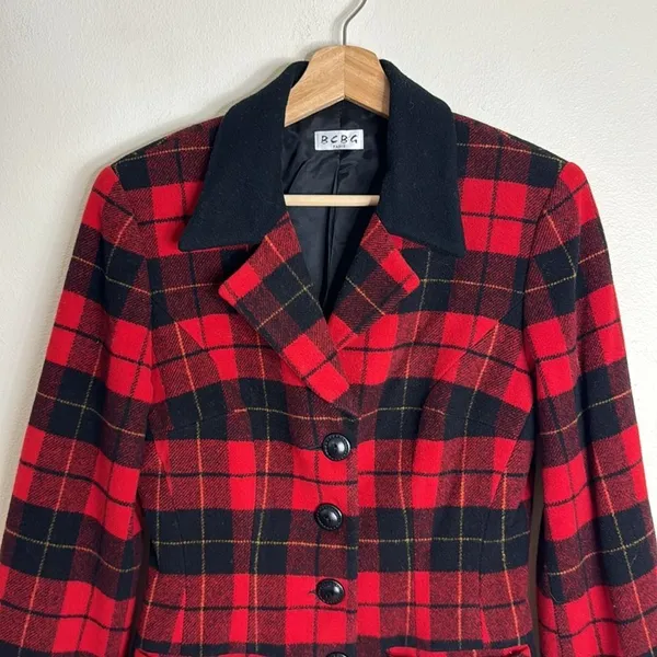 BCBG Paris‎ Women's Plaid Wool Blend Blazer Red Black Small - Image 2