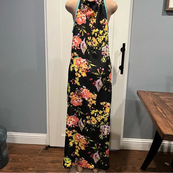 Floral sheer swim coverup Maxi Dress w/embroidery Trim size L high side slits - Image 12