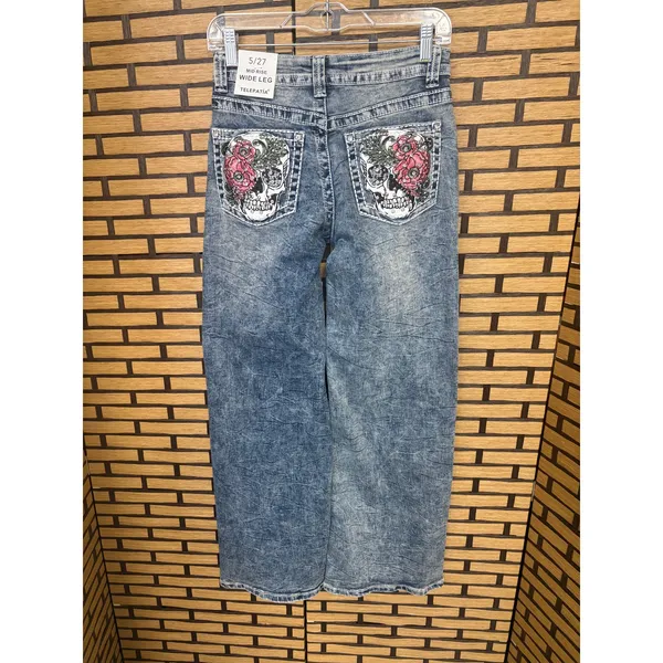 Telepatia‎ Mid Rise Wide Leg Skull Blingy Pocket Jeans SIze 5/27 - Image 3