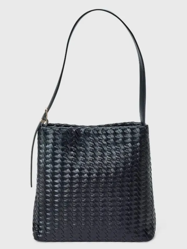 Woven Shoulder Bucket Bag in Black - Image 2